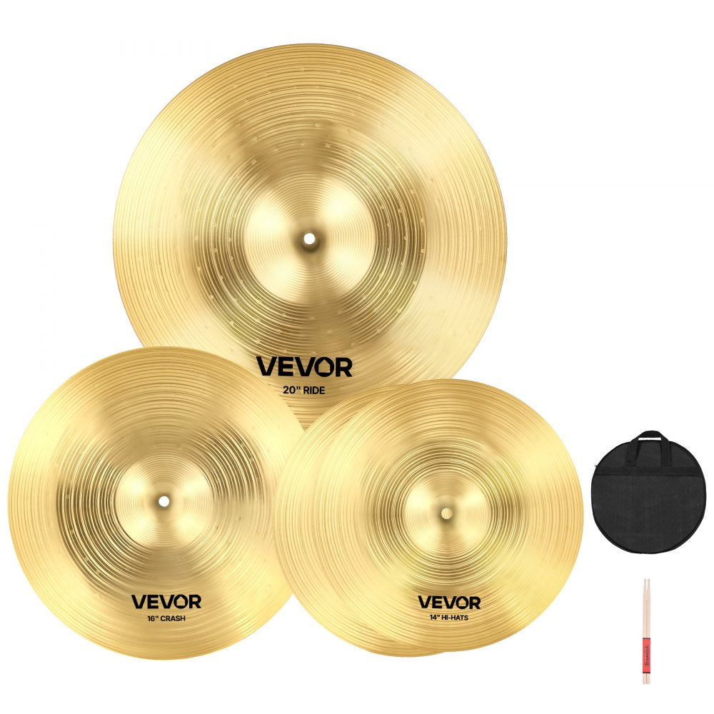 VEVOR Cymbal Pack, 3 Pieces Cymbals for Drum Set, Alloy Cymbals Drum Set Includes 14-inch Hi-Hats, 16-inch Crash