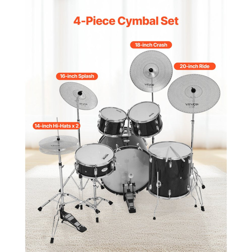 VEVOR Low Volume Cymbal Pack, 4 Pieces Quiet Cymbals for Drum Set, Alloy Cymbals Drum Set Includes 14-inch Hi-Hats