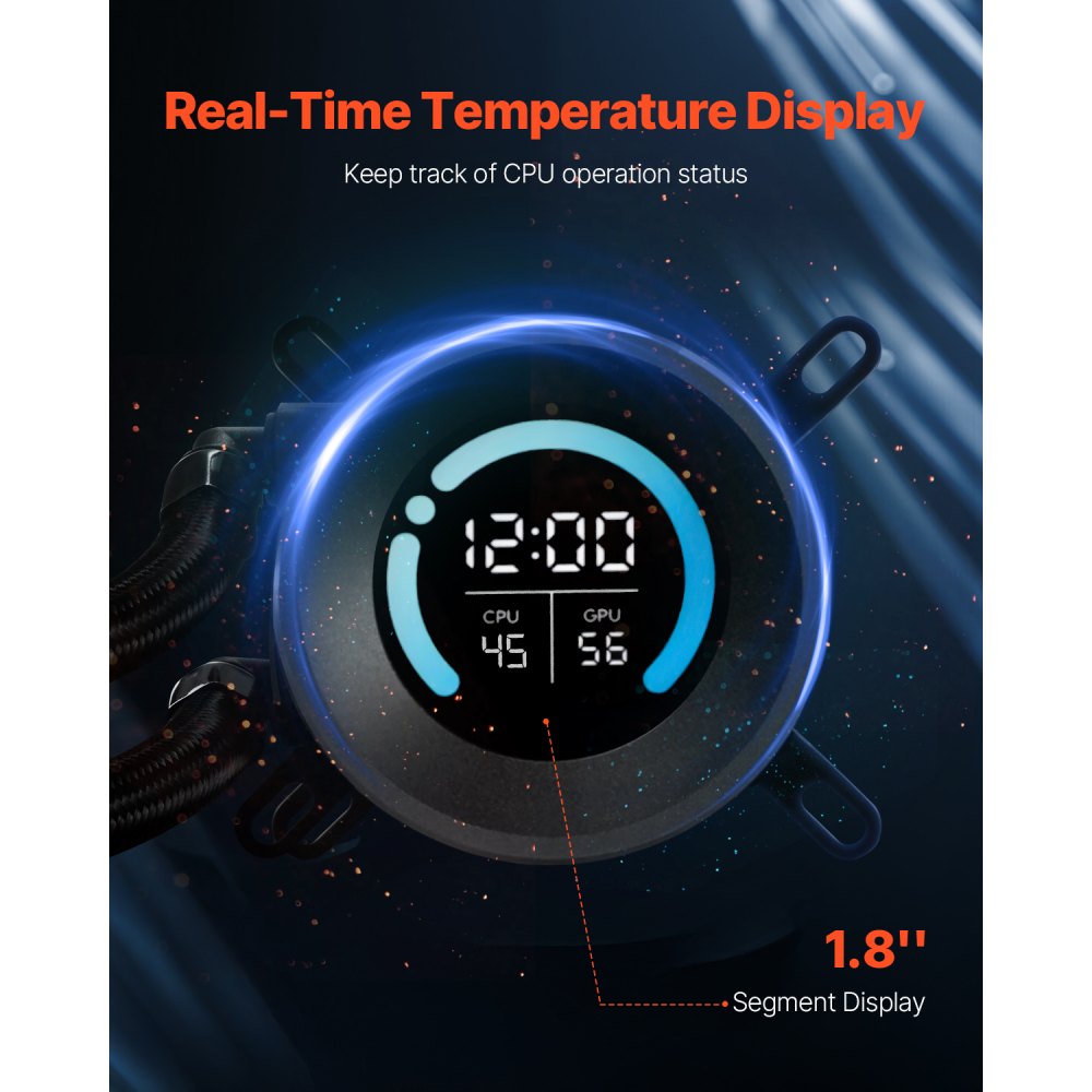 VEVOR CPU Liquid Cooler, AIO CPU Water Cooler - 120mm PWN Fans, Pump, 1.8'' Display, Max. 2200RPM CPU Cooling Fan