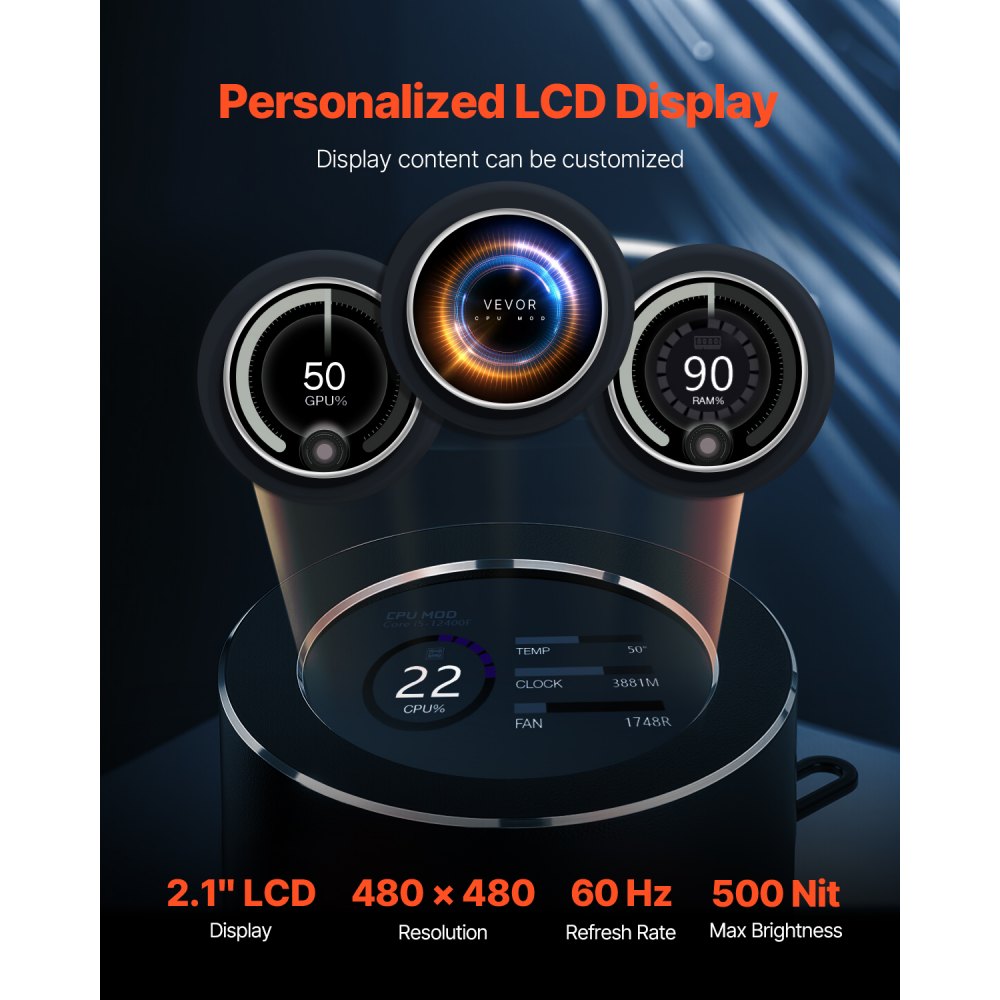 VEVOR CPU Liquid Cooler, AIO CPU Water Cooler - 3 x 120mm PWN Fans, Pump & 2.1'' LCD Display, Max 2200PRM Black CPU