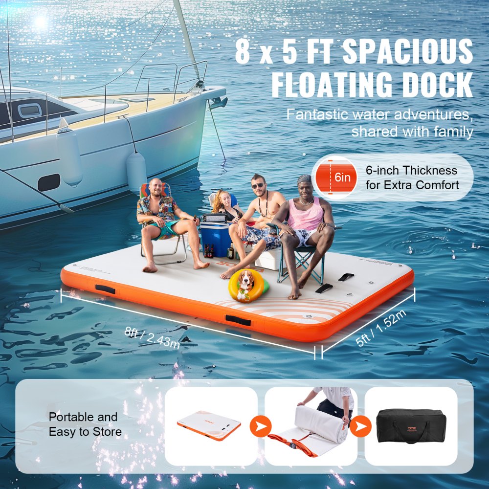 VEVOR Inflatable Floating Dock, 8 x 5FT Inflatable Dock Platform, Non-Slip Water Floating Dock Mat with Portable
