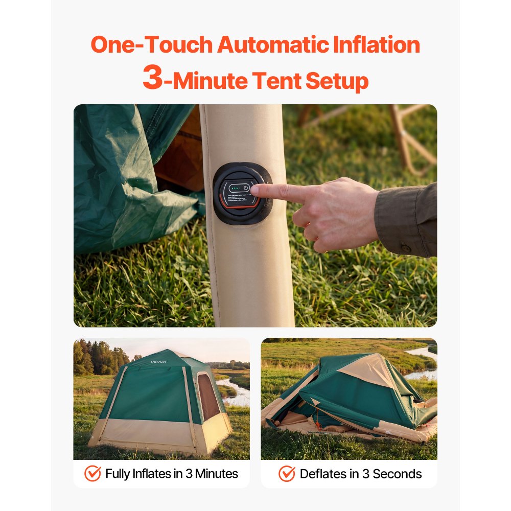 VEVOR Camping Tent, 4 Person Inflatable Cabin Tent with Rechargeable Pump, TPU Air Tube & 5 Large Mesh Windows