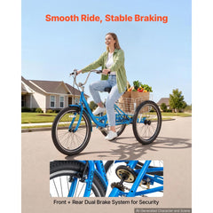 VEVOR Adult Tricycle 24 inch Trike for Adult 3 Wheel Cruiser Bike, with Cargo Basket, Adjustable Seat, and Double-Wall