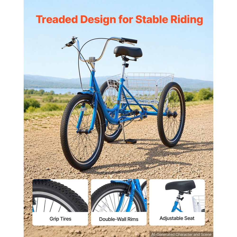 VEVOR Adult Tricycle 24 inch Trike for Adult 3 Wheel Cruiser Bike, with Cargo Basket, Adjustable Seat, and Double-Wall