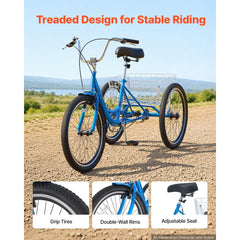 VEVOR Adult Tricycle 24 inch Trike for Adult 3 Wheel Cruiser Bike, with Cargo Basket, Adjustable Seat, and Double-Wall