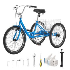 VEVOR Adult Tricycle 24 inch Trike for Adult 3 Wheel Cruiser Bike, with Cargo Basket, Adjustable Seat, and Double-Wall
