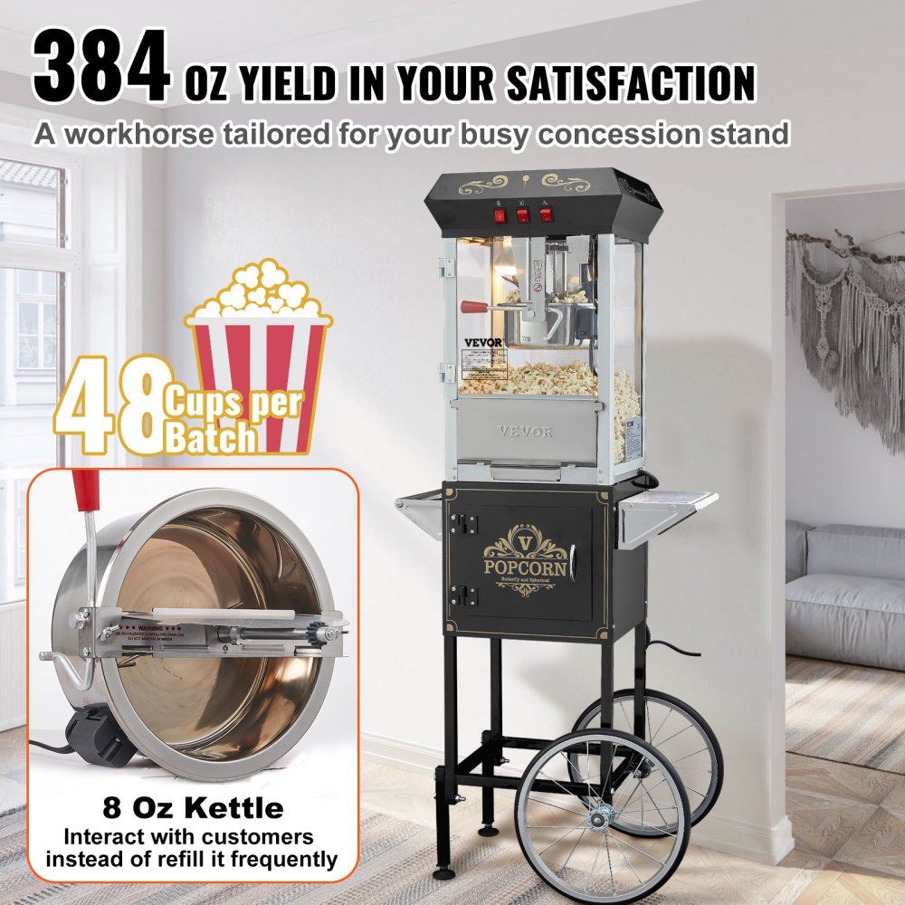 VEVOR Popcorn Maker with Cart, 850W Popcorn Popper Machine, 8 Oz Kettle Makes 48 Cups per Batch, Popcorn Maker Equipped