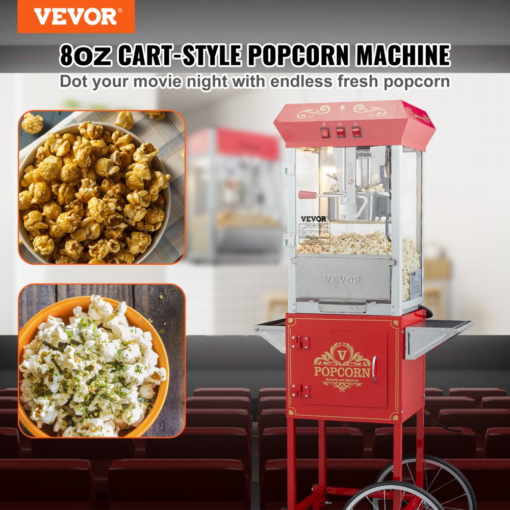 VEVOR Popcorn Maker with Cart, 850W Popcorn Popper Machine, 8 Oz Kettle Makes 48 Cups per Batch, Popcorn Maker Equipped