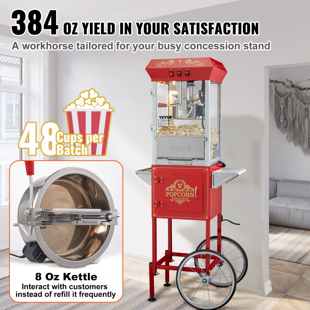 VEVOR Popcorn Maker with Cart, 850W Popcorn Popper Machine, 8 Oz Kettle Makes 48 Cups per Batch, Popcorn Maker Equipped