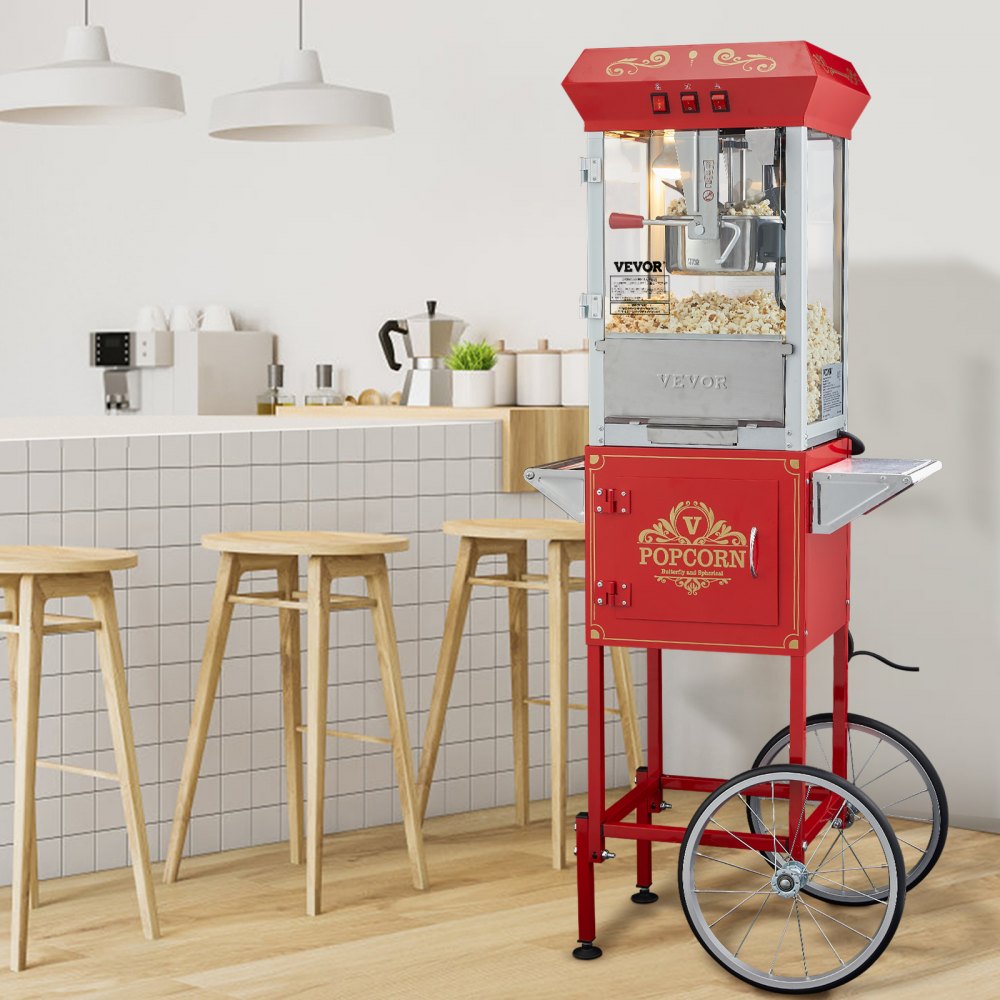 VEVOR Popcorn Maker with Cart, 850W Popcorn Popper Machine, 8 Oz Kettle Makes 48 Cups per Batch, Popcorn Maker Equipped
