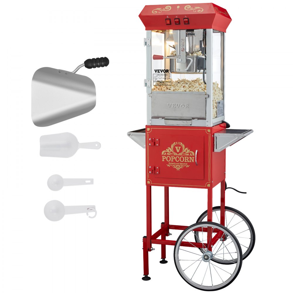 VEVOR Popcorn Maker with Cart, 850W Popcorn Popper Machine, 8 Oz Kettle Makes 48 Cups per Batch, Popcorn Maker Equipped