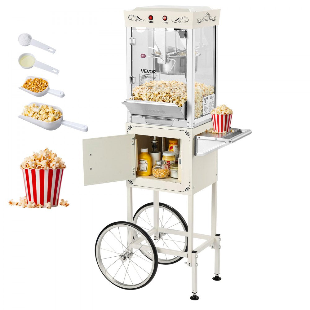VEVOR Popcorn Machine with Cart, 8oz Stainless Steel Kettle, 800W Commercial Popcorn Maker, 48 Cups per Batch Theater