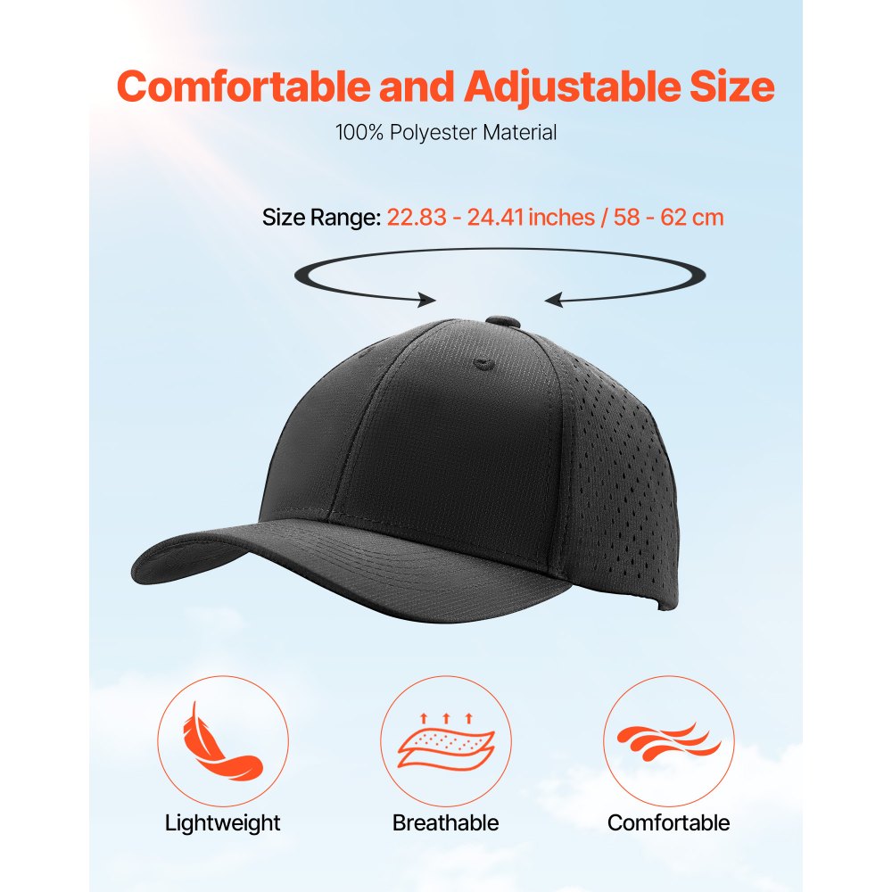 VEVOR Baseball Cap, Plain Baseball Hat with Breathable Fabric, Adjustable Size, Lightweight Summer Thin Sports Caps