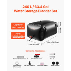 VEVOR Water Storage Bladder, 63.4 Gal Collapsible Water Storage Bag, Wear-Resistant 1000D PVC Soft Waters Bag