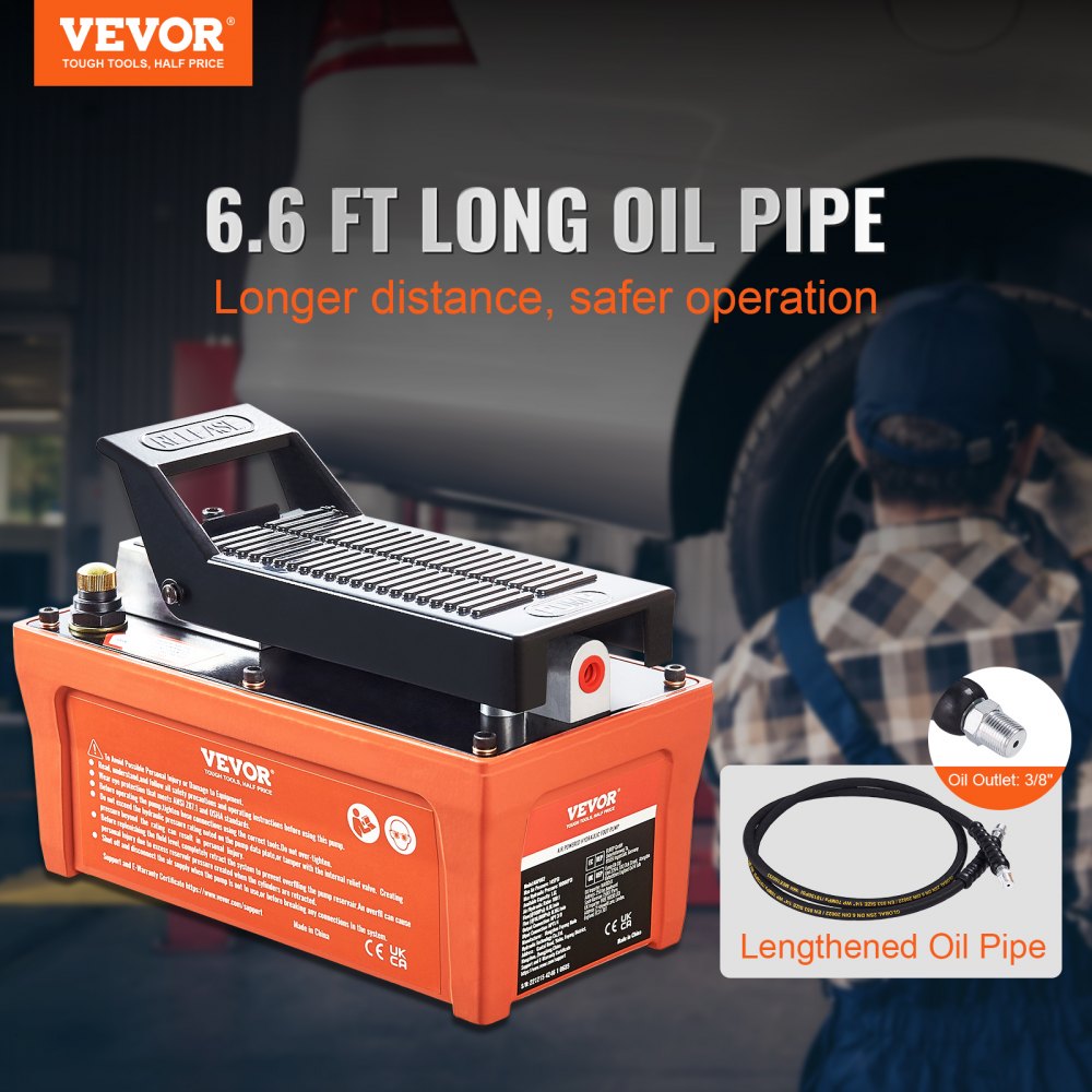 VEVOR Air Hydraulic Pump, 10,000 PSI 1/2 Gal Reservoir, NPT 3/8" Oil Outlet, NPT 1/4" Inlet, 6.6 ft Pipe, Foot Actuated