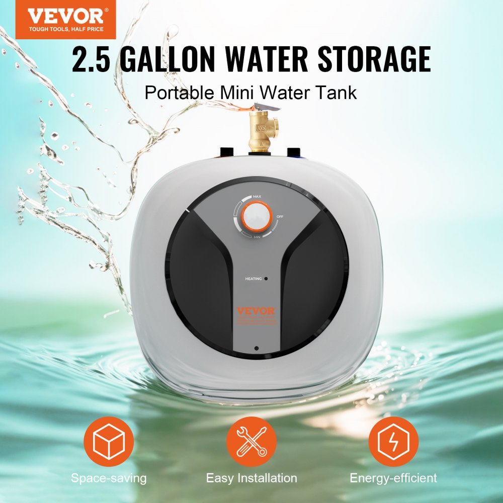 VEVOR Electric Mini-Tank Water Heater 2.5-Gallon Tank, 1440W Hot Water Boiler Storage, Safety Temperature Pressure