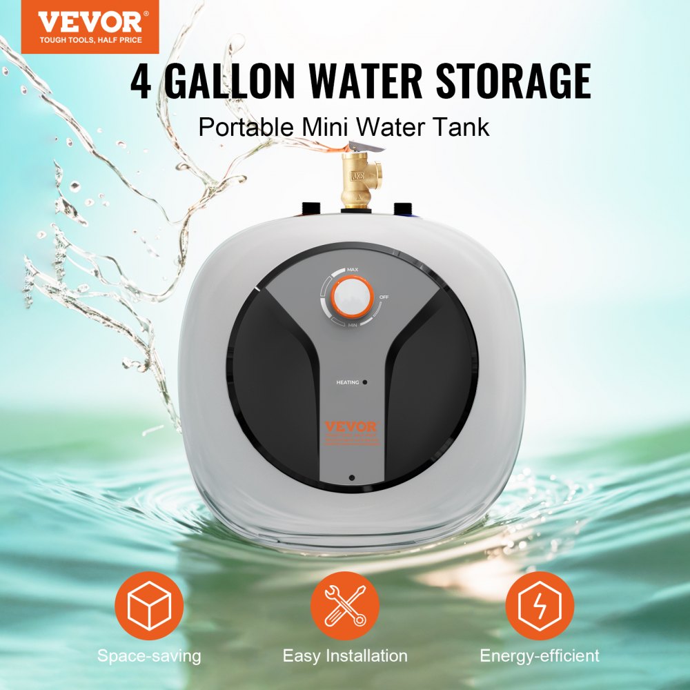 VEVOR Electric Mini-Tank Water Heater 4-Gallon Tank, 1440W Hot Water Boiler Storage, Safety Temperature Pressure Valve