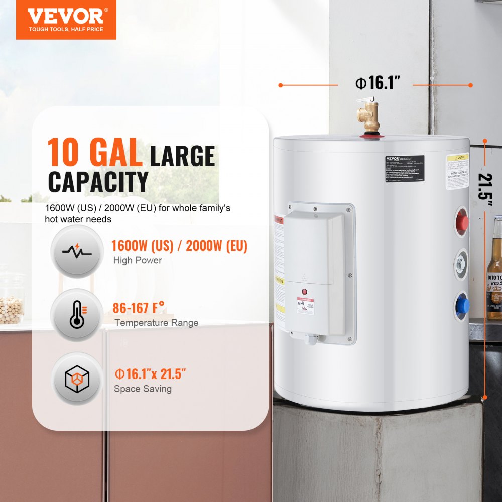 VEVOR Electric Water Heater, 10 Gallon Tank Instant Hot Water Heater, 1.6Kw Tankless Water Heater w/ LED Display,Knob