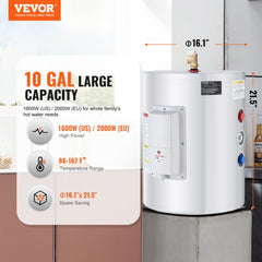 VEVOR Electric Water Heater, 10 Gallon Tank Instant Hot Water Heater, 1.6Kw Tankless Water Heater w/ LED Display,Knob