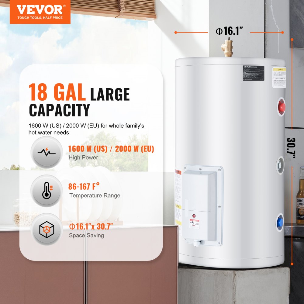 VEVOR Electric Water Heater, 18 Gallon Tank Instant Hot Water Heater, 1.6Kw Tankless Water Heater w/ LED Display,Knob