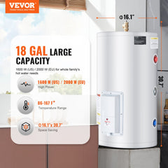 VEVOR Electric Water Heater, 18 Gallon Tank Instant Hot Water Heater, 1.6Kw Tankless Water Heater w/ LED Display,Knob