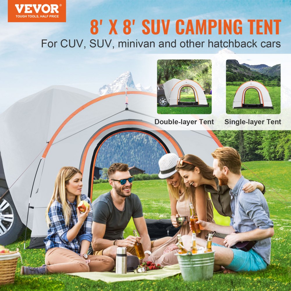 VEVOR SUV Camping Tent, 8'-8' SUV Tent Attachment for Camping with Rain Layer and Carry Bag, PU2000mm Double Layer