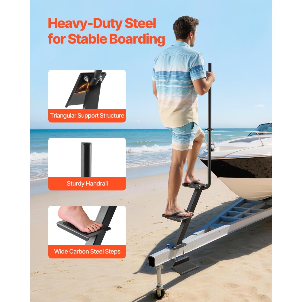 VEVOR Boat Trailer Steps, 3-Step, Heavy-Duty Boat Trailer Steps with Handle, Non-Slip Surface, 3 Mounting Angle