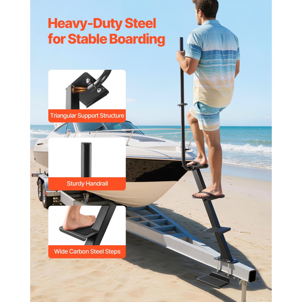 VEVOR Boat Trailer Steps, 4-Step, Heavy-Duty Boat Trailer Steps with Handle, Non-Slip Surface, 3 Mounting Angle