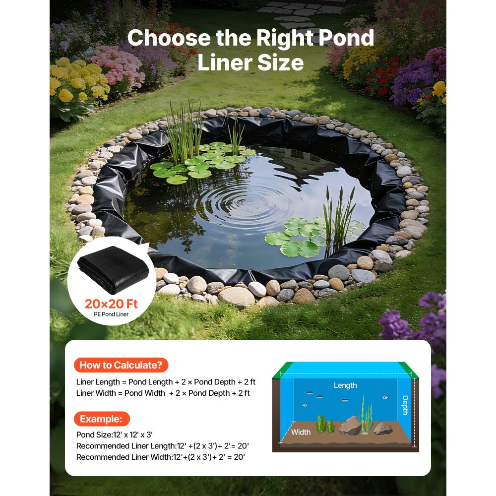 VEVOR 20 x 20 ft Pond Liner, 14 Mil Thickness, 3-Layer Reinforced PE Fish Koi Pond Liner for Outdoor Ponds, with Hemmed