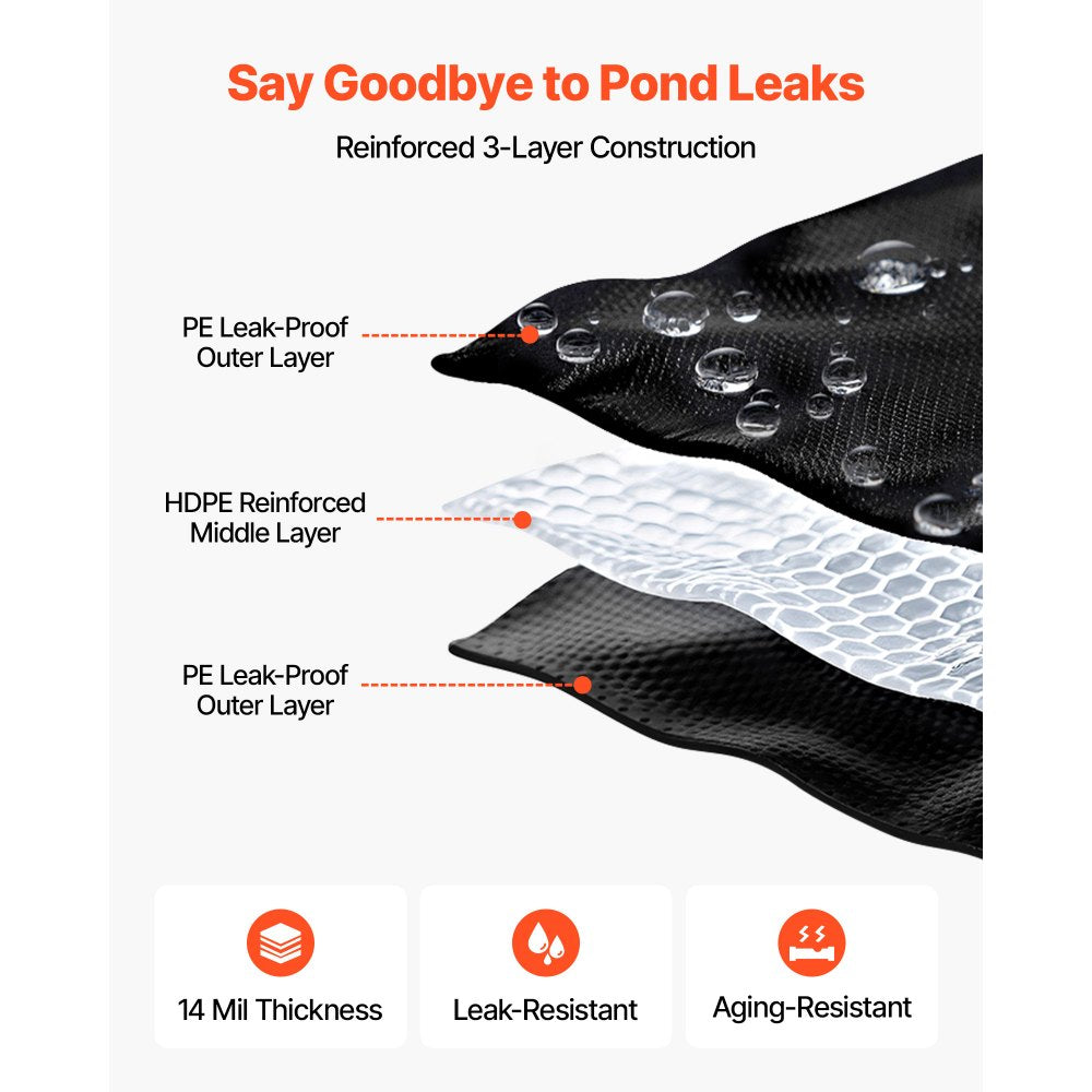 VEVOR 25 x 30 ft Pond Liner, 14 Mil Thickness, 3-Layer Reinforced PE Fish Koi Pond Liner for Outdoor Ponds, with Hemmed