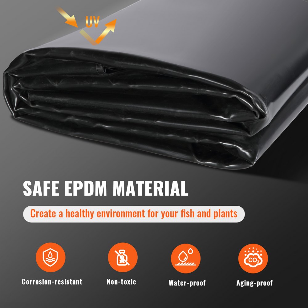 VEVOR Pond Liner, 20 x 25 ft 45 Mil Thick, Pliable EPDM Material Pond Skins, Easy Cutting Underlayment for Fish or Koi