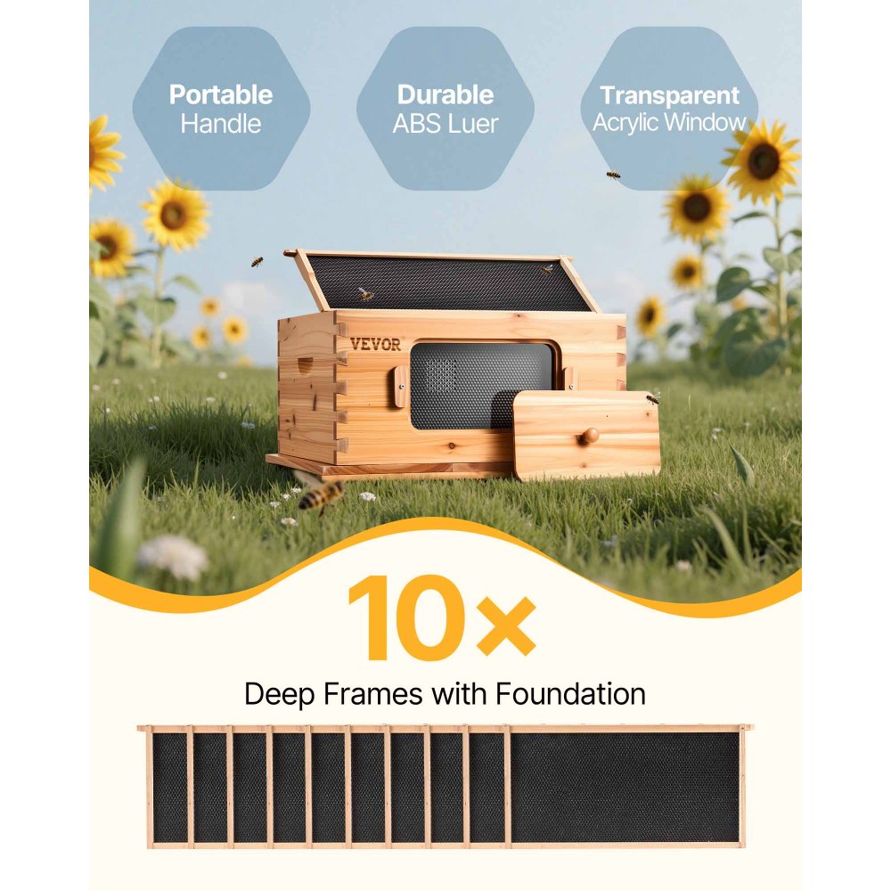 VEVOR Bee Hive Deep Box Starter Kit, 100% Beeswax Coated Natural Fir Wood, Langstroth Beehive Kit with 10 Frames and