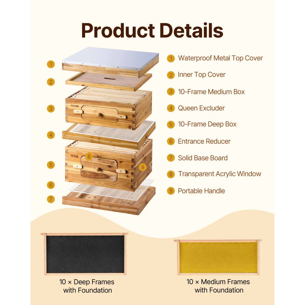 VEVOR Bee Hive 20 Frame Bee Hives Starter Kit, Beeswax Coated Fir Wood, 1 Deep + 1 Medium Bee Boxes Langstroth Beehive