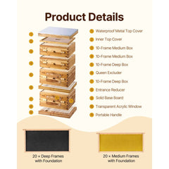 VEVOR Bee Hive 40 Frame Bee Hives Starter Kit, Beeswax Coated Fir Wood, 2 Deep + 2 Medium Bee Boxes Langstroth Beehive