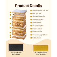 VEVOR Bee Hive 30 Frame Bee Hives Starter Kit, Beeswax Coated Fir Wood, 2 Deep + 1 Medium Bee Boxes Langstroth Beehive