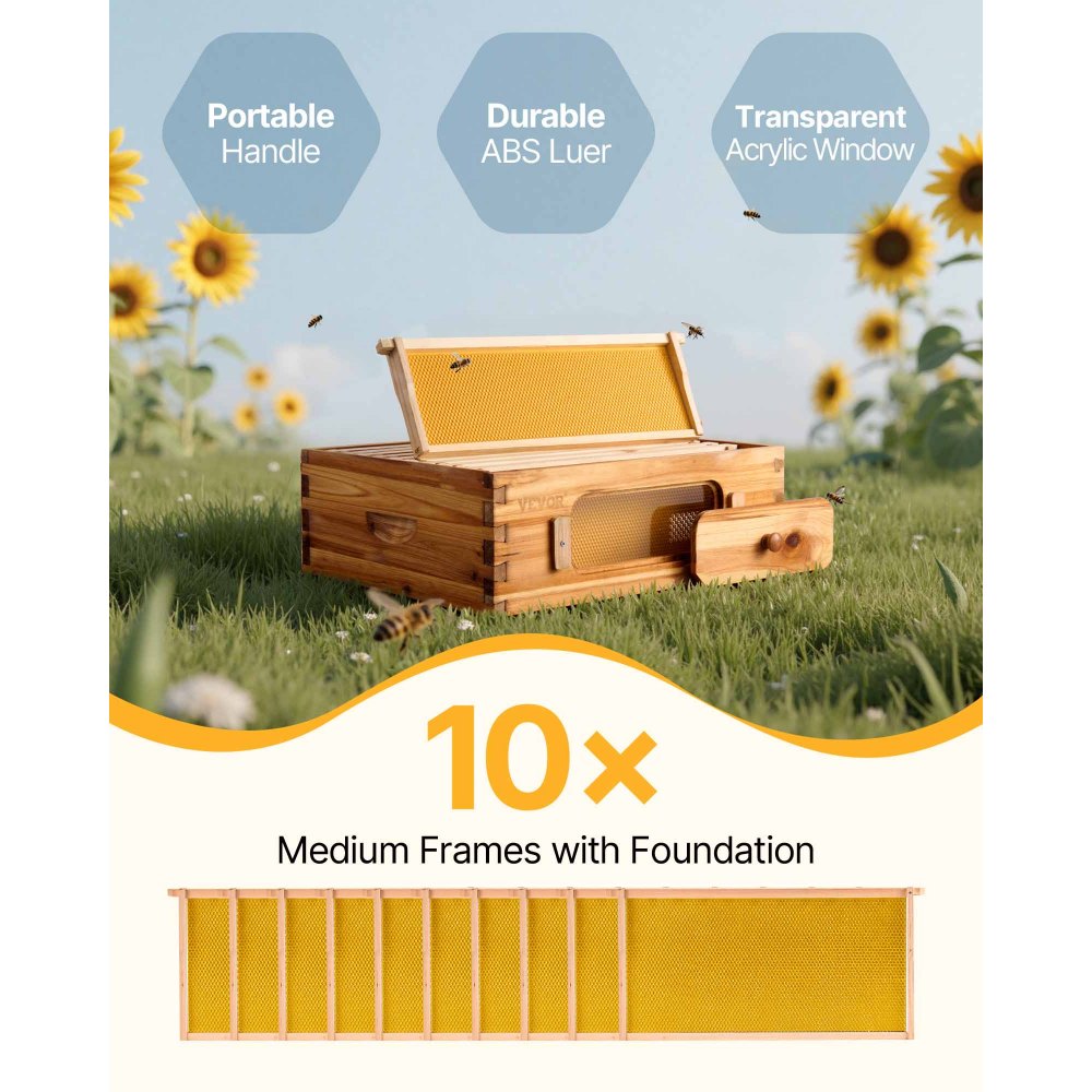 VEVOR Bee Hive Medium Box Starter Kit, 100% Beeswax Coated Natural Fir Wood, Langstroth Beehive Kit with 10 Frames and