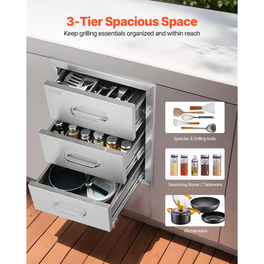 VEVOR Outdoor Kitchen Drawers 16" W x 21.5" H x 18" D, Flush Mount Triple Access BBQ Drawers with Stainless Steel