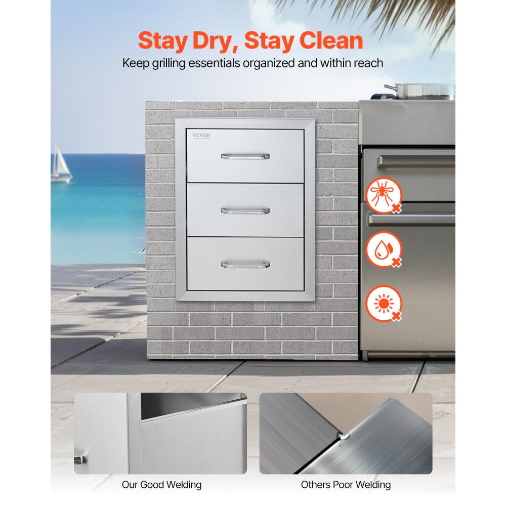 VEVOR Outdoor Kitchen Drawers 16" W x 21.5" H x 18" D, Flush Mount Triple Access BBQ Drawers with Stainless Steel