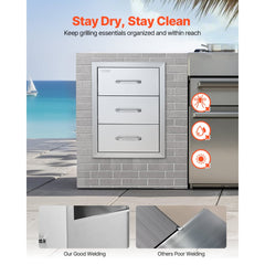 VEVOR Outdoor Kitchen Drawers 16" W x 21.5" H x 18" D, Flush Mount Triple Access BBQ Drawers with Stainless Steel