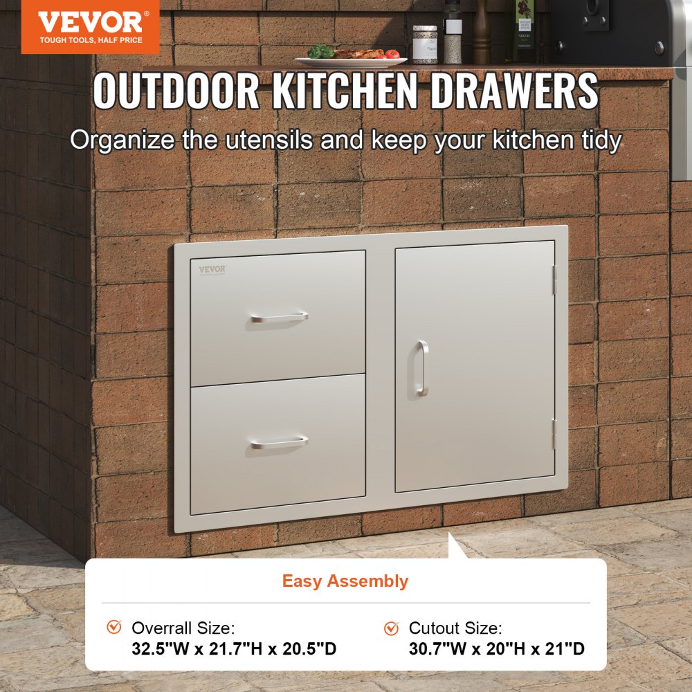 VEVOR Outdoor Kitchen Door Drawer Combo 32.5" W x 21.6" H x 20.5''D, Access Door/Double Drawers with Paper Towel Rack