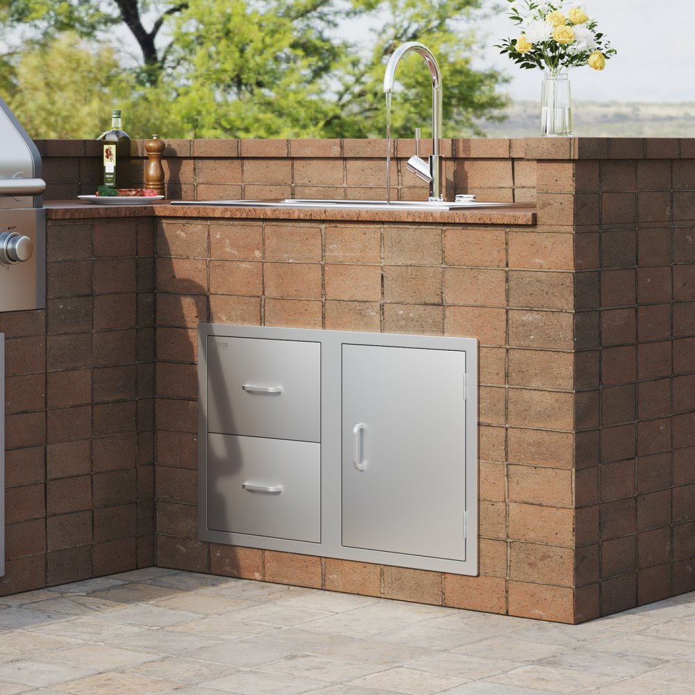 VEVOR Outdoor Kitchen Door Drawer Combo 32.5" W x 21.6" H x 20.5''D, Access Door/Double Drawers with Paper Towel Rack