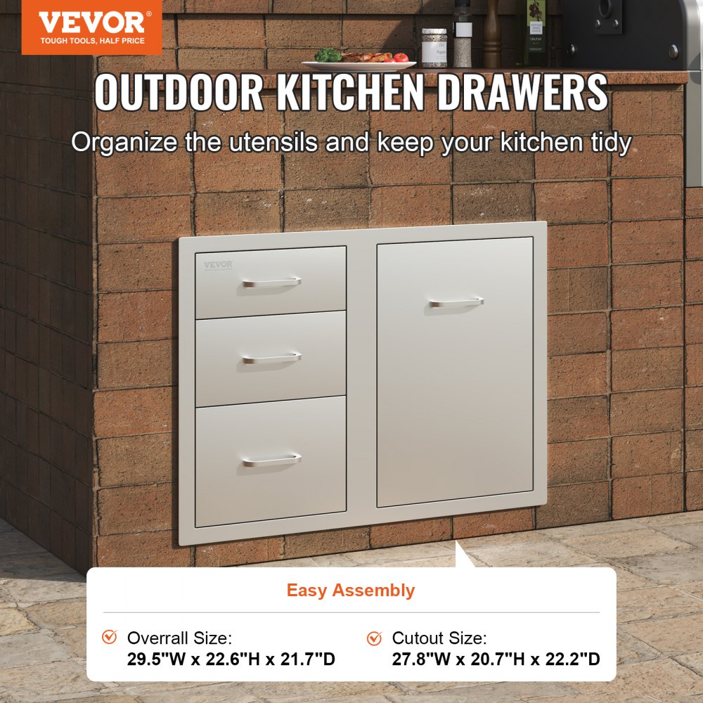 VEVOR Outdoor Kitchen Door Drawer Combo 29.5" W x 22.6" H x 21.7''D, Access Door/Triple Drawers with Propane Drawer and