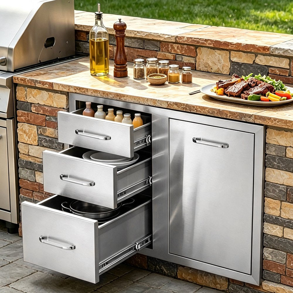VEVOR Outdoor Kitchen Door Drawer Combo 29.5" W x 22.6" H x 21.7''D, Access Door/Triple Drawers with Propane Drawer and