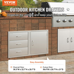 VEVOR Outdoor Kitchen Door Drawer Combo 38.1''W x 22.6''H x 20.8''D, BBQ Access Door/Triple Drawers Combo with