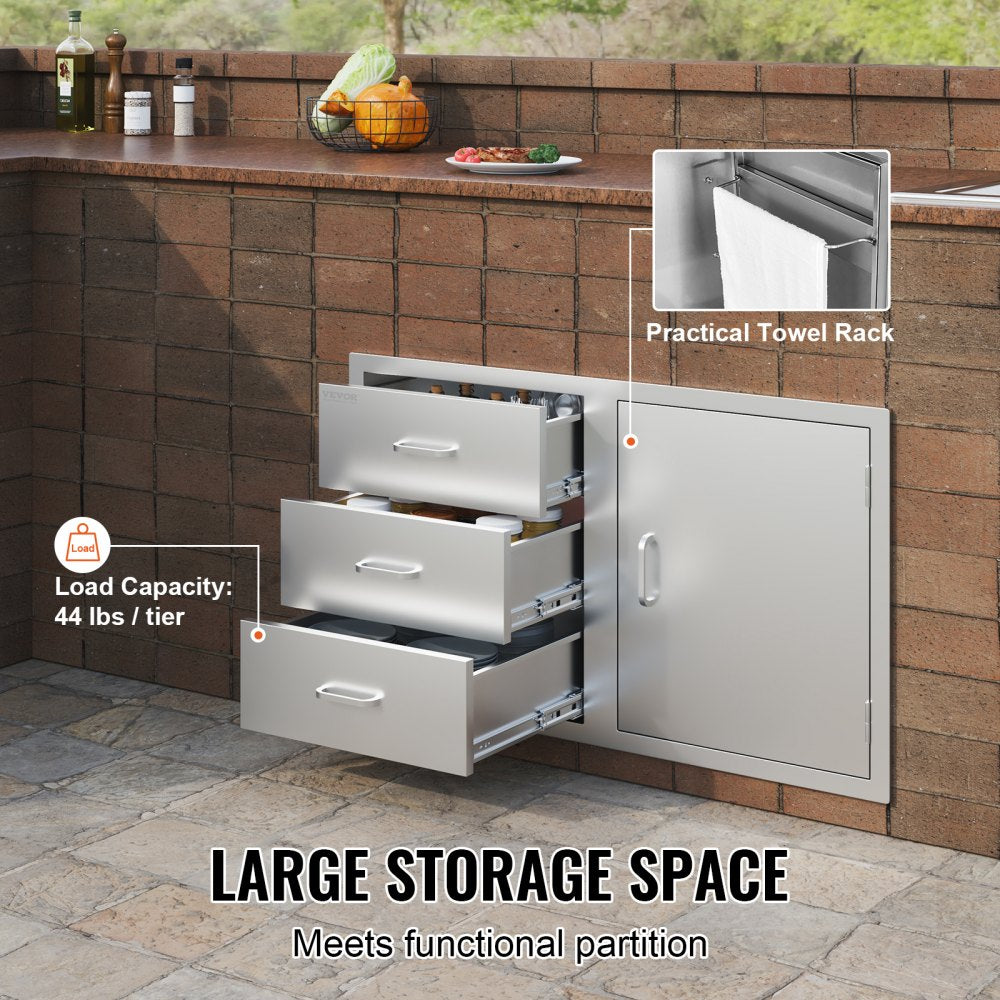 VEVOR Outdoor Kitchen Door Drawer Combo 38.1''W x 22.6''H x 20.8''D, BBQ Access Door/Triple Drawers Combo with