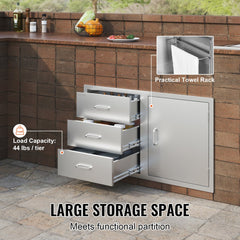 VEVOR Outdoor Kitchen Door Drawer Combo 38.1''W x 22.6''H x 20.8''D, BBQ Access Door/Triple Drawers Combo with