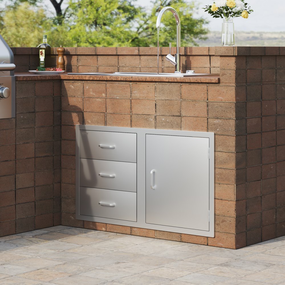 VEVOR Outdoor Kitchen Door Drawer Combo 38.1''W x 22.6''H x 20.8''D, BBQ Access Door/Triple Drawers Combo with