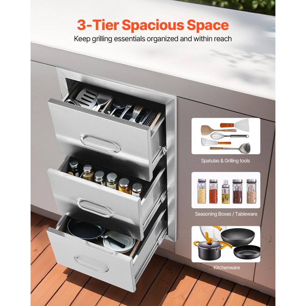 VEVOR Outdoor Kitchen Drawers 16" W x 28.5" H x 20.5" D, Flush Mount Triple Access BBQ Drawers Stainless Steel with