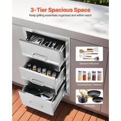 VEVOR Outdoor Kitchen Drawers 16" W x 28.5" H x 20.5" D, Flush Mount Triple Access BBQ Drawers Stainless Steel with