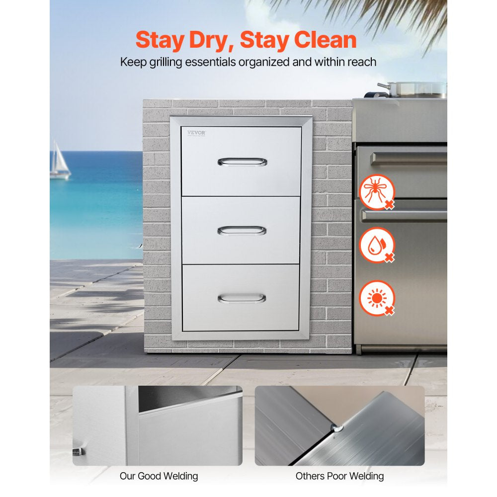 VEVOR Outdoor Kitchen Drawers 16" W x 28.5" H x 20.5" D, Flush Mount Triple Access BBQ Drawers Stainless Steel with
